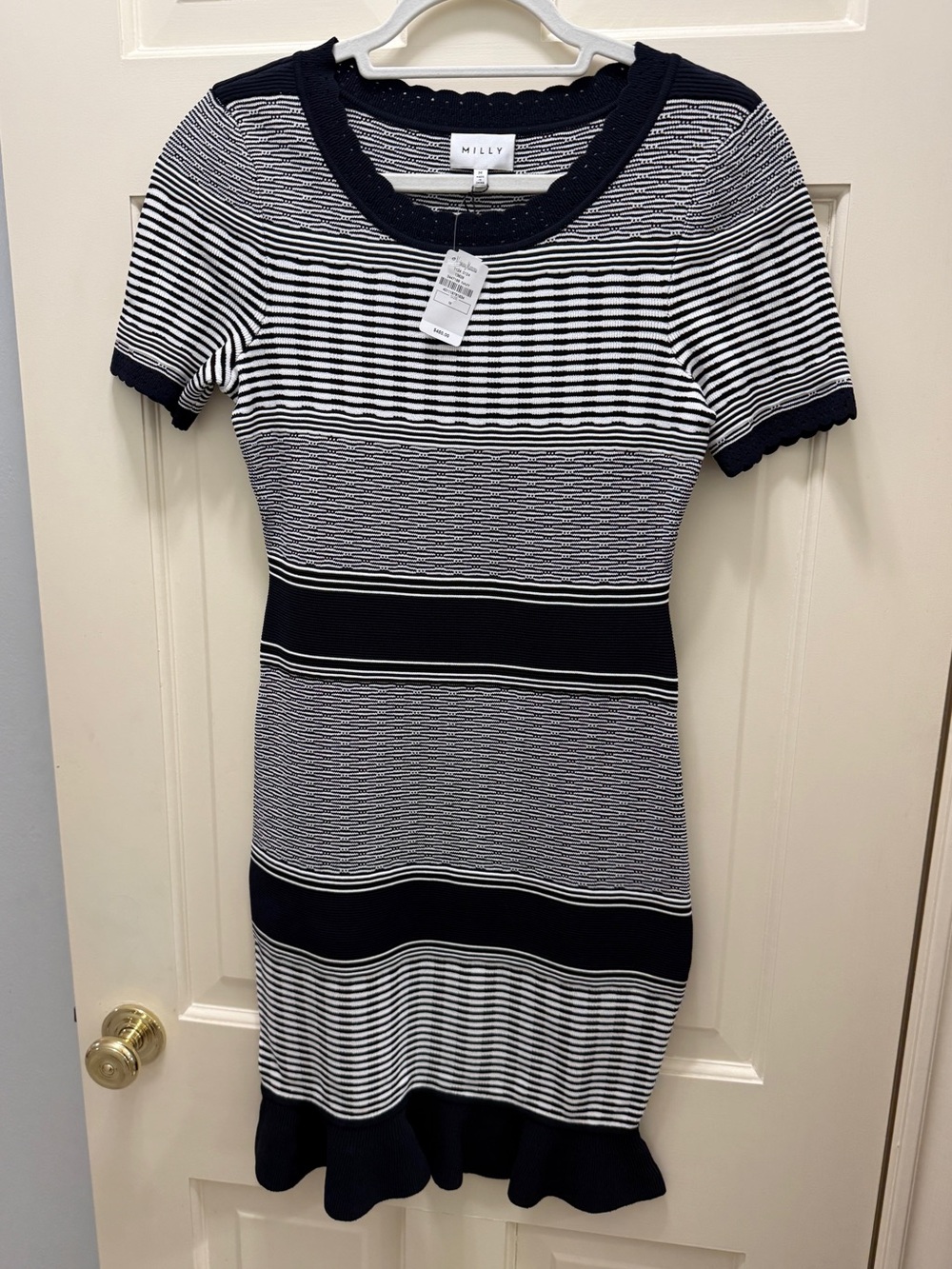 Milly Navy and White Striped Scallop-Hem Knit Dress NWT M